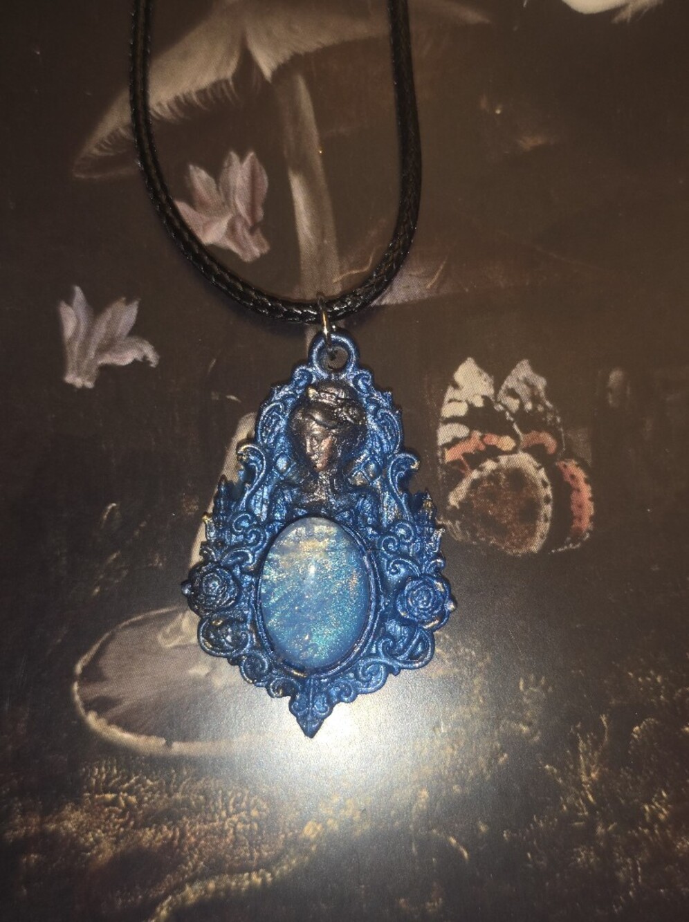 Vintage Inspired Resin Lady With Moonstone? Cabochon On Cord Necklace